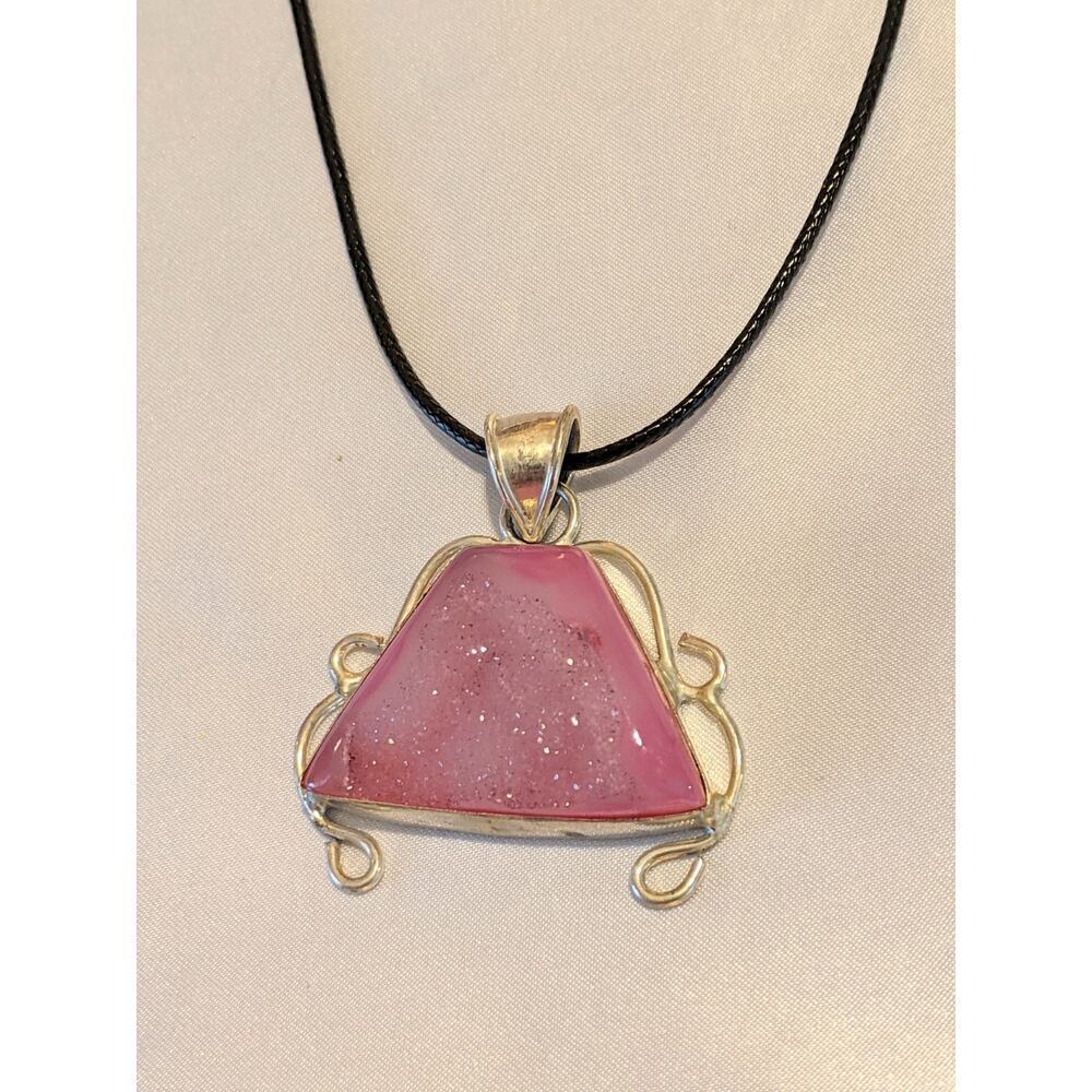 Vintage Natural Pink Druzy 925 Sterling Silver Pendant Necklace Handmade NOS